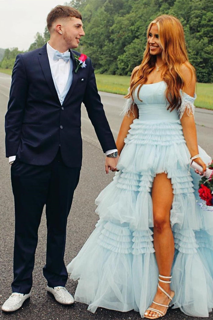 Light Blue Off-the-Shoulder Feathers Multi-Layers Long Prom Dress with Slit