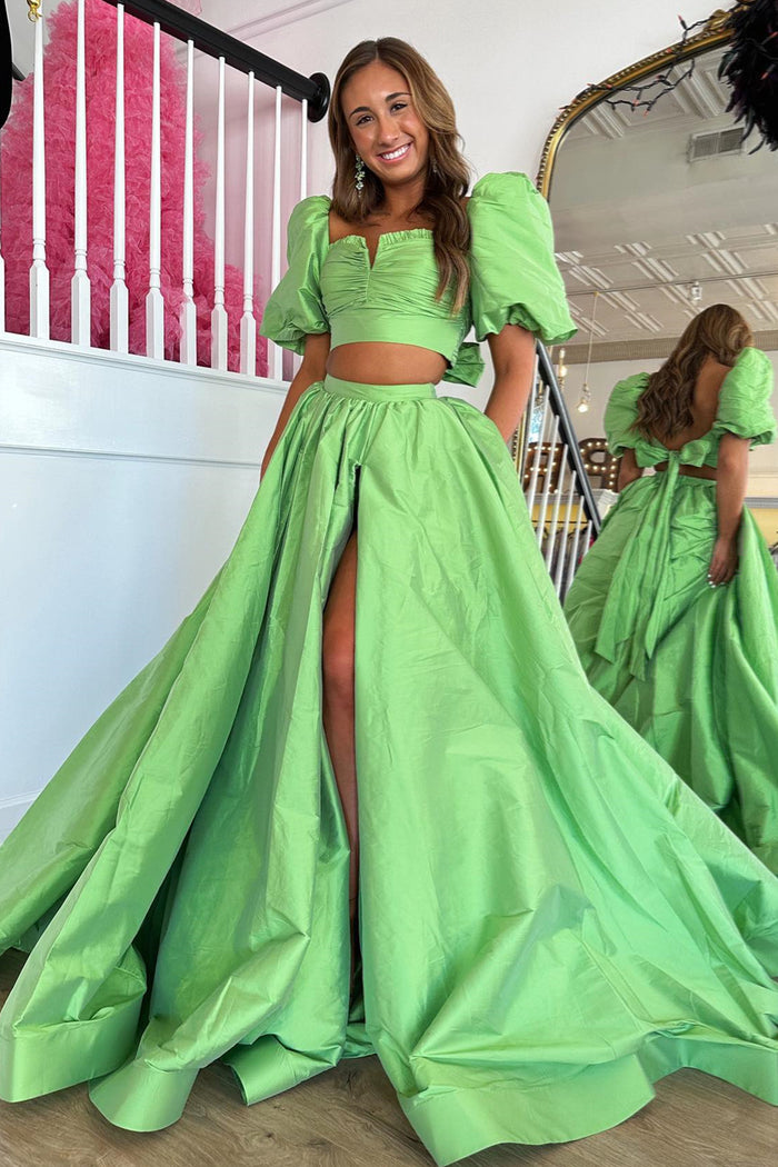 Green Puff Sleeves Bow Tie Back Two-Piece Aline Long Prom Dress with Slit