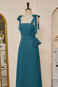 Teal Bow Tie Straps A-line Chiffon Long Bridesmaid Dress with Sash
