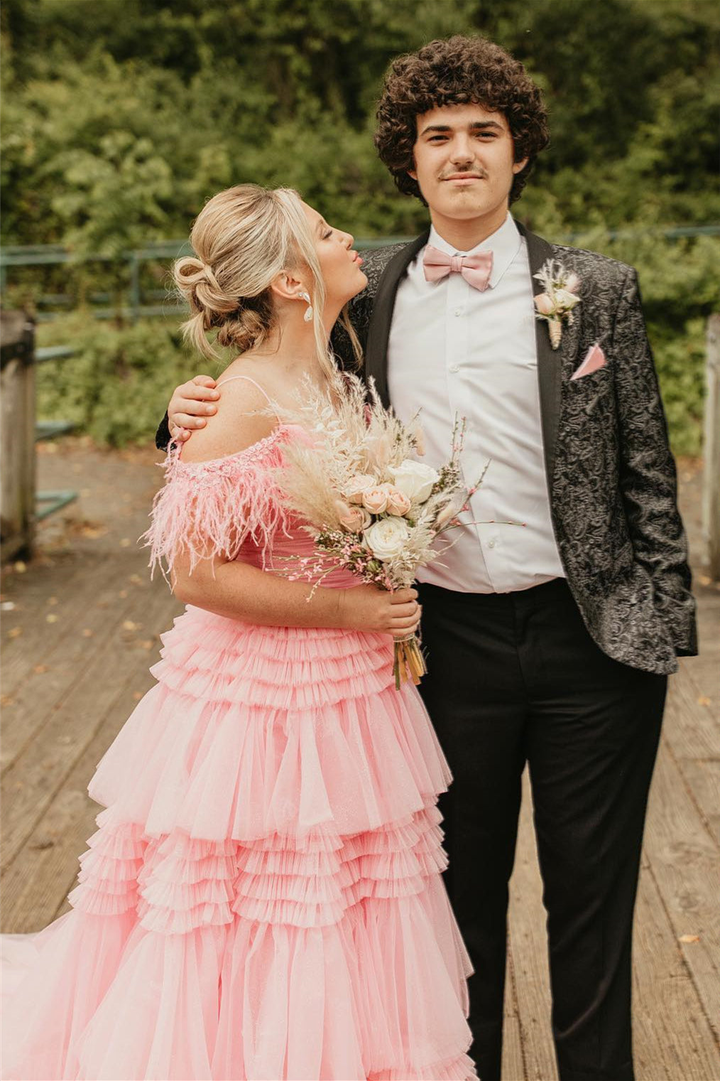 Pink Off-the-Shoulder Feathers Multi-Layers Long Prom Dress with Slit