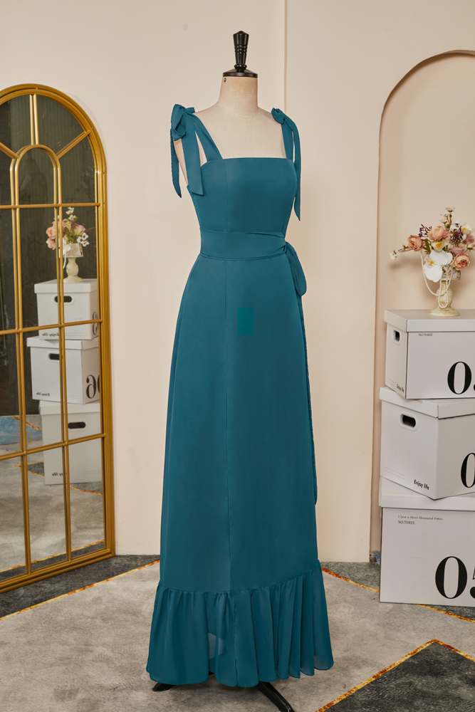 Teal Bow Tie Straps A-line Chiffon Long Bridesmaid Dress with Sash