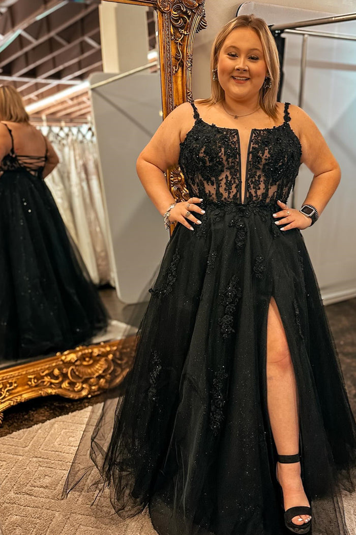 Black Floral Appliques Straps A-line Long Prom Dress with Slit