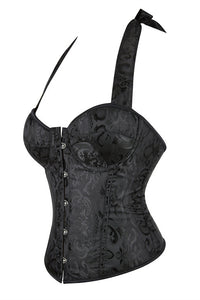 Black Floral Halter Bow Tie Lace-Up Bustier Corset Top