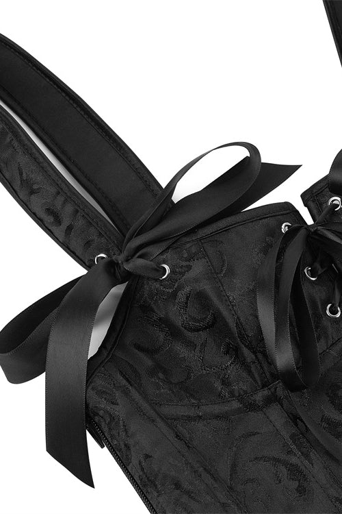 Black Lace-Up Bow Tie Floral Bustier Corset Top