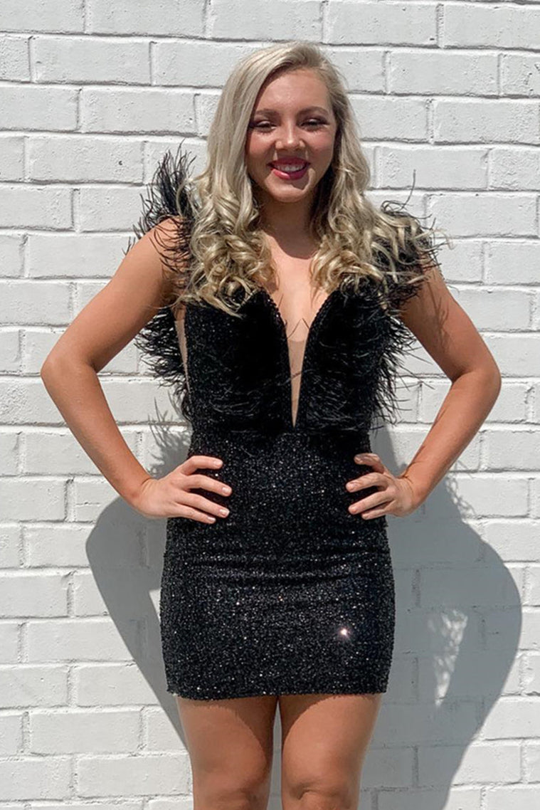 Black Plunging V Neck Sequins Feathers Homecoming Dress