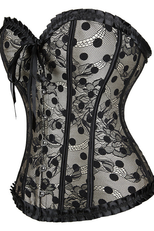Black Strapless Ruffled Dots Lace-Up Bustier Corset Top