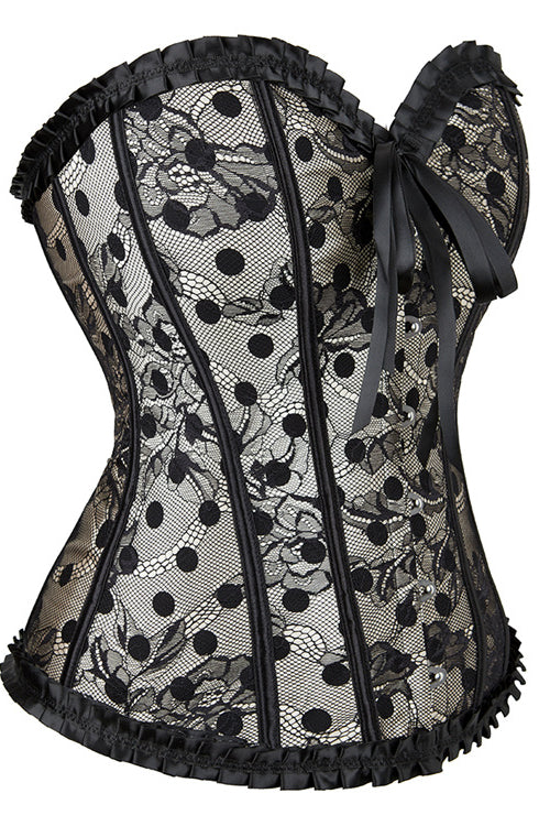 Black Strapless Ruffled Dots Lace-Up Bustier Corset Top