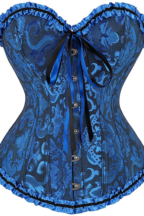 Blue Floral Ruffled Strapless Lace-Up Bustier Corset Top