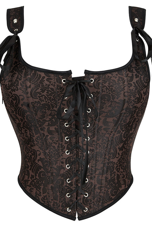 Brown Bow Tie Lace-Up Floral Boned Bustier Corset Top – Dreamdressy