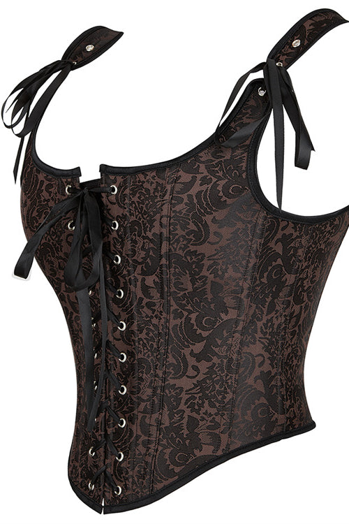 Brown Bow Tie Lace-Up Floral Boned Bustier Corset Top