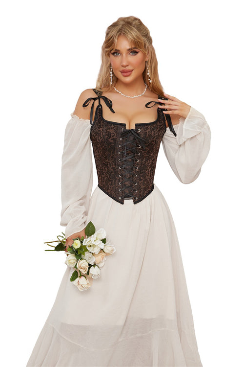 Brown Bow Tie Lace-Up Floral Boned Bustier Corset Top