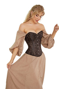 Brown Floral Lace-Up Strapless Boned Bustier Coset Top