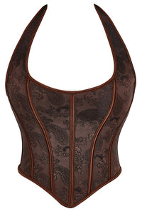 Brown Halter Boned Floral Lae-Up Bustier Corset Top 