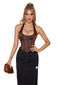 Brown Halter Boned Floral Lae-Up Bustier Corset Top 