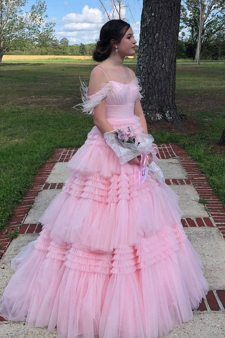 Mint Green Floral A-line Layers Long Prom Dress with Feather