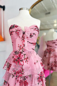 Sweetheart Pink Floral Bow A-line Homecoming Dress