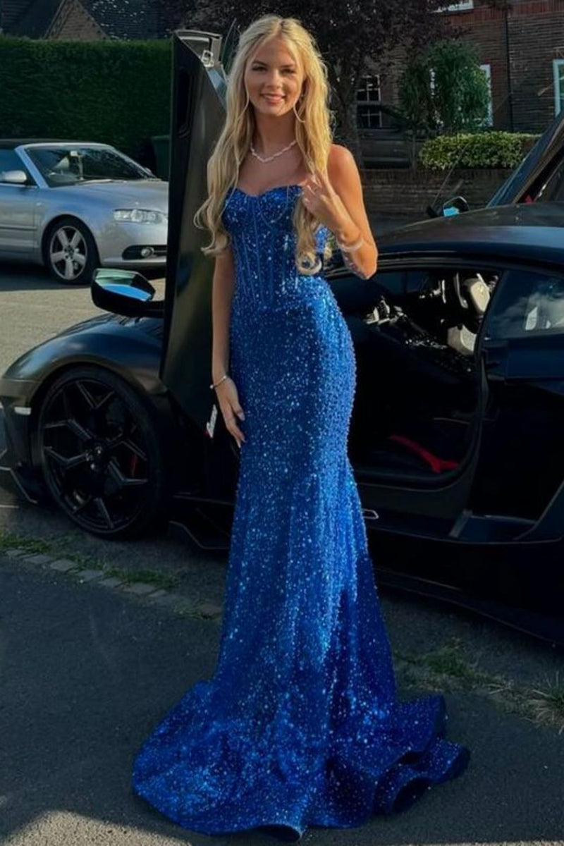 Light Blue Sequins Straps Mermaid Long Prom Dress