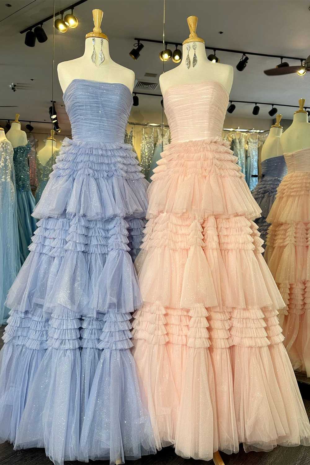 Champagne Strapless A-line Multi-Layers Tulle Long Prom Dress with Slit