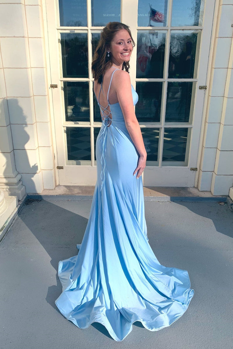Double Straps Blue Satin Mermaid Long Dress