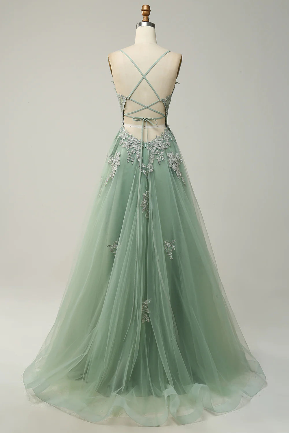 Dusty Sage A-line V Neck Appliques Tulle Long Prom Dress with Slit