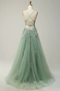 Dusty Sage A-line V Neck Appliques Tulle Long Prom Dress with Slit