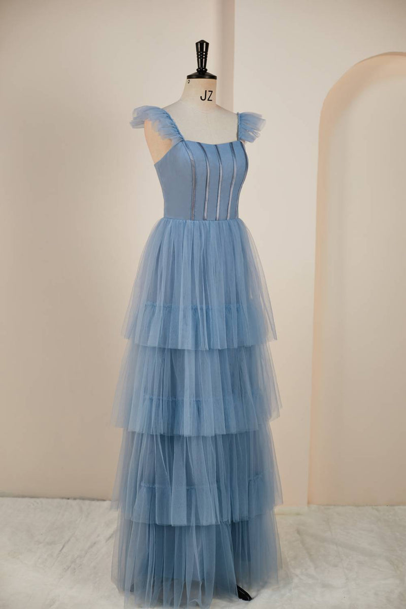 Dusty Blue Flutter Sleeves A-line Multi-Layers Long Prom Dress with Slit