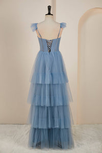 Dusty Blue Flutter Sleeves A-line Multi-Layers Long Prom Dress with Slit