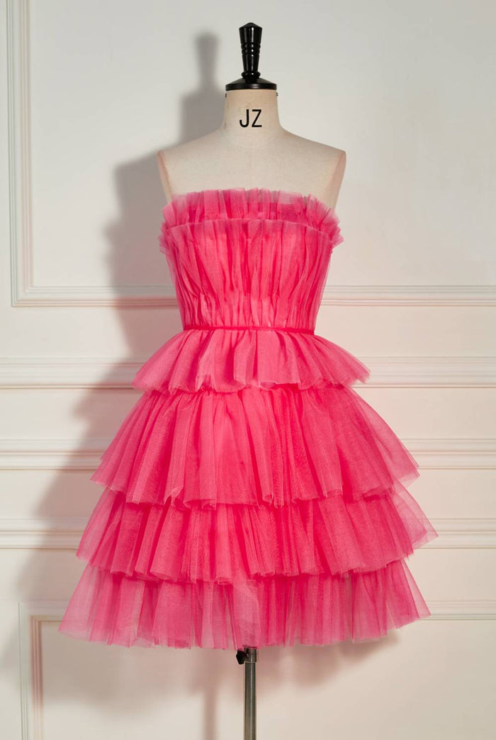 Watermelon Strapless Multi-Layers A-line Tulle Homecoming Dress