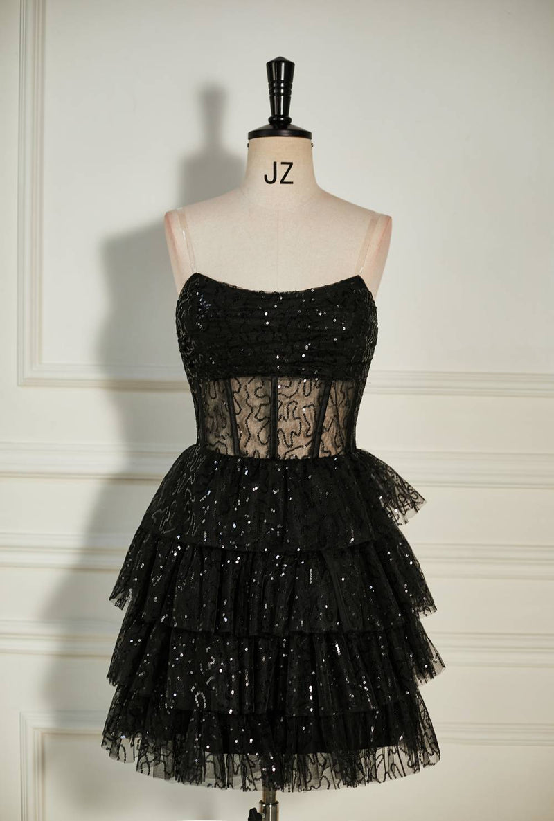 Black Sequined Strapless Multi-Layers Tulle Homecoming Dress
