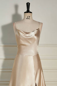 Champagne Cowl Neck Straps A-line Satin Long Prom Dress with Slit