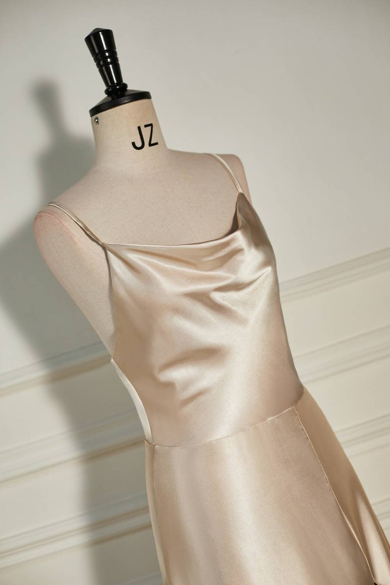 Champagne Cowl Neck Straps A-line Satin Long Prom Dress with Slit