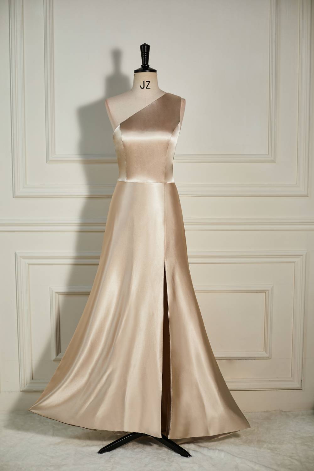 Champagne One Shoulder A-line Satin Long Dress with Slit – Dreamdressy