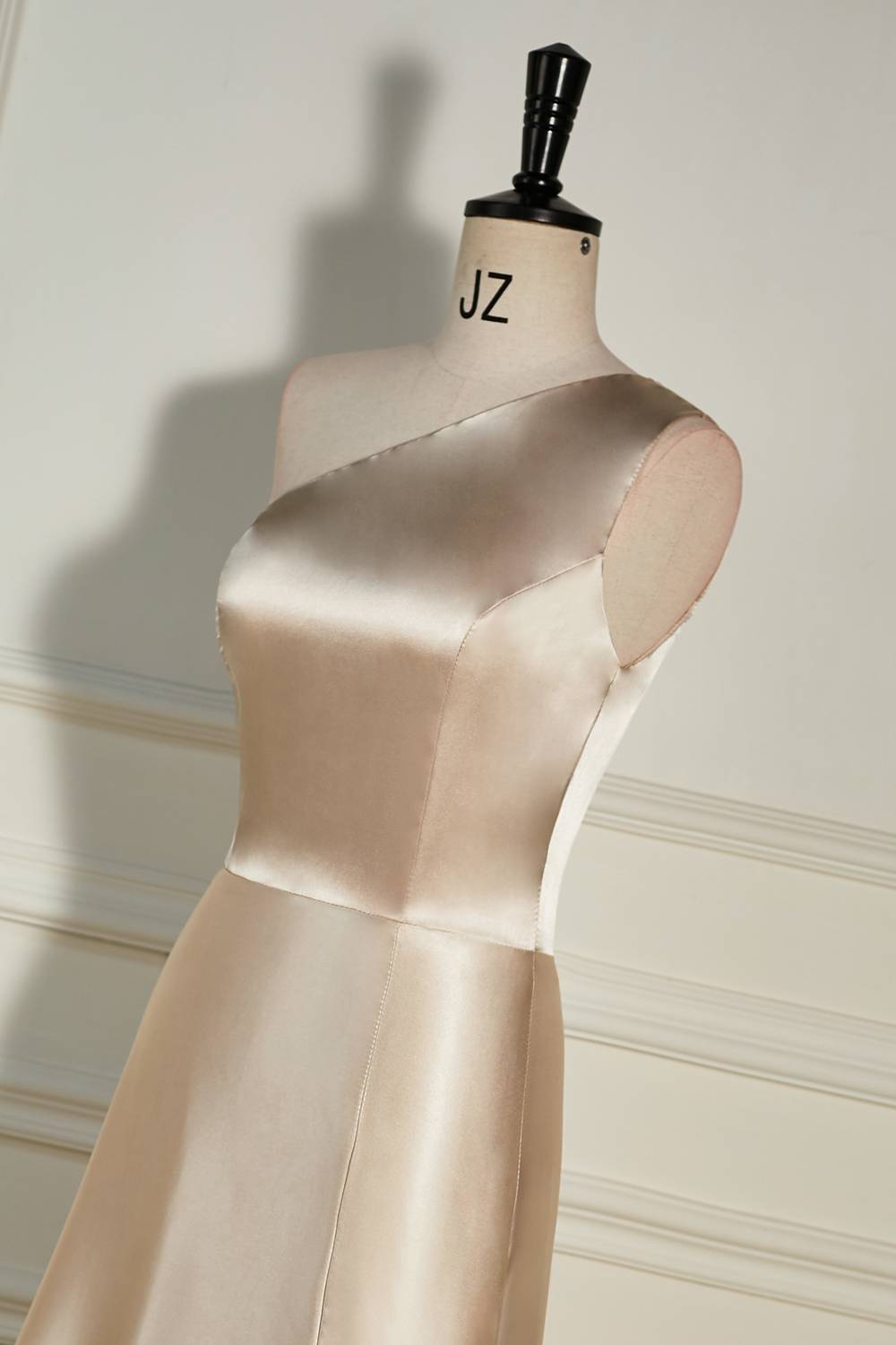 Champagne One Shoulder A-line Satin Long Prom Dress with Slit