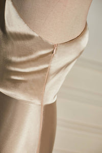 Champagne One Shoulder A-line Satin Long Prom Dress with Slit