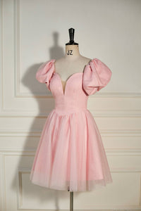 Pink Plunging V Neck Dot Lace-Up A-line Homecoming Dress