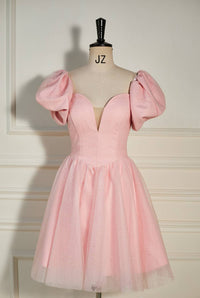 Pink Plunging V Neck Dot Lace-Up A-line Homecoming Dress