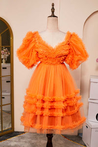 Orange A-line Ruffled Puff Sleeves Homecoming Dress