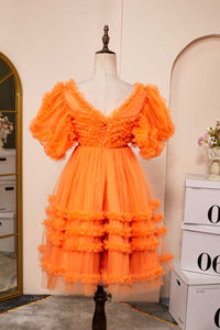 Orange A-line Ruffled Puff Sleeves Homecoming Dress