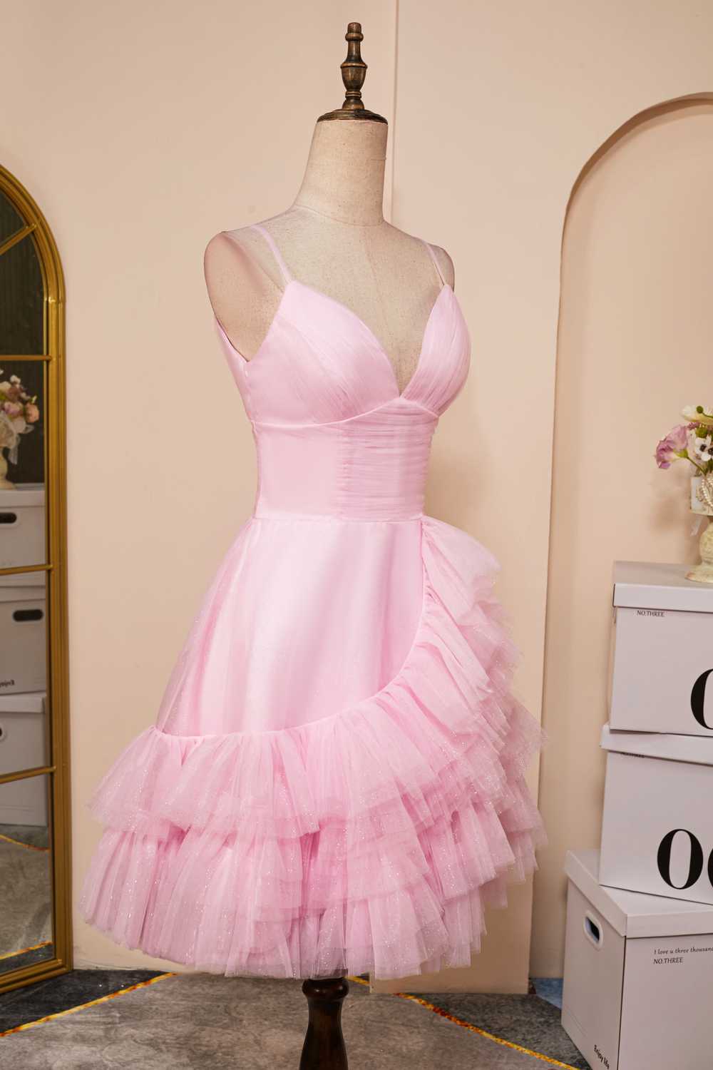 Pink A-line V Neck Ruffle-Layers Homecoming Dress
