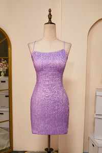 Lavender Lace-Up Sheath Sequins Homecoming Dress