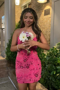 Straps Fuchsia Beaded Tight Mini Dress