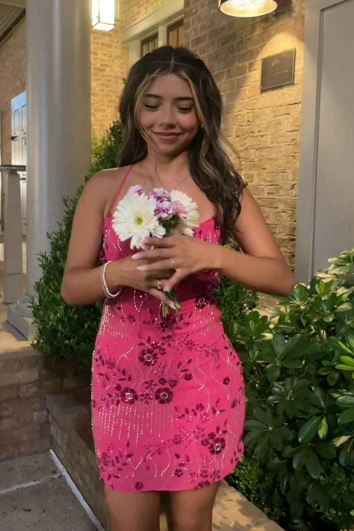 Straps Fuchsia Beaded Tight Mini Dress