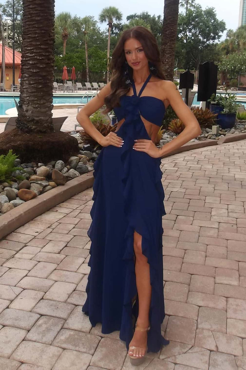 Halter Pink Chiffon Cutouts Ruffle Maxi Dress