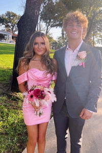 Off the Shoulder Pink Satin Tight Dress