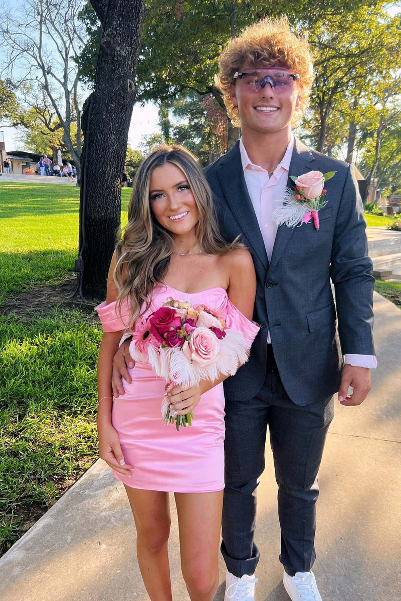 Off the Shoulder Pink Satin Tight Dress