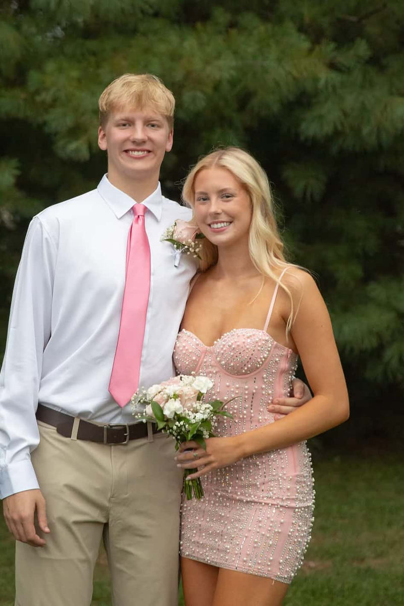Pink Pearls Straps Tight Short Dress