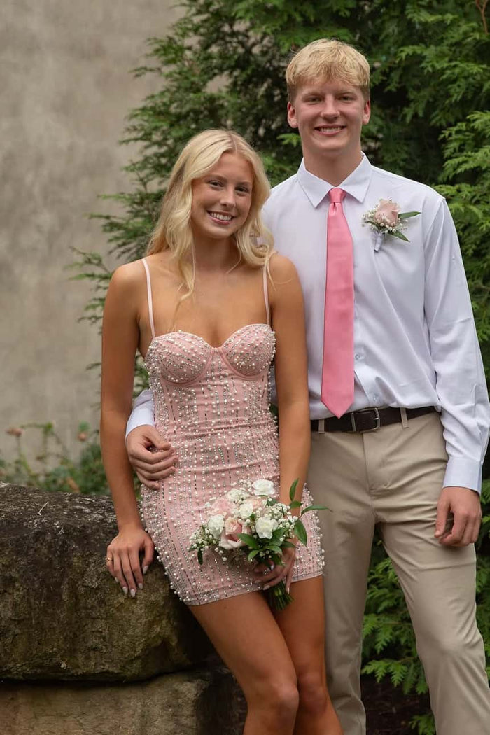 Pink Pearls Straps Tight Short Dress