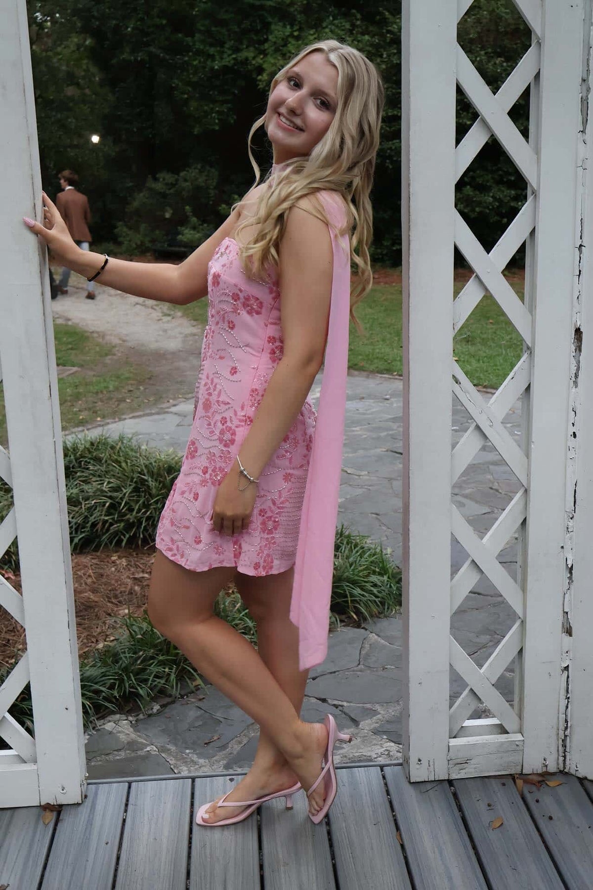 Strapless Pink Beaded Short Dress with Scarf