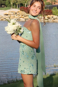 Strapless Pink Beaded Short Dress with Scarf