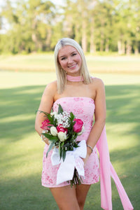 Strapless Pink Beaded Short Dress with Scarf